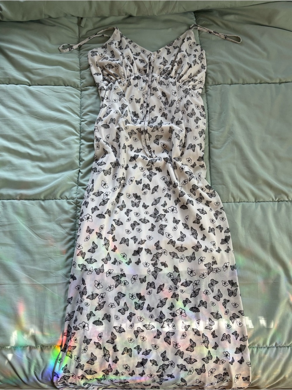 White Slip Dress with Black Butterfly Pattern